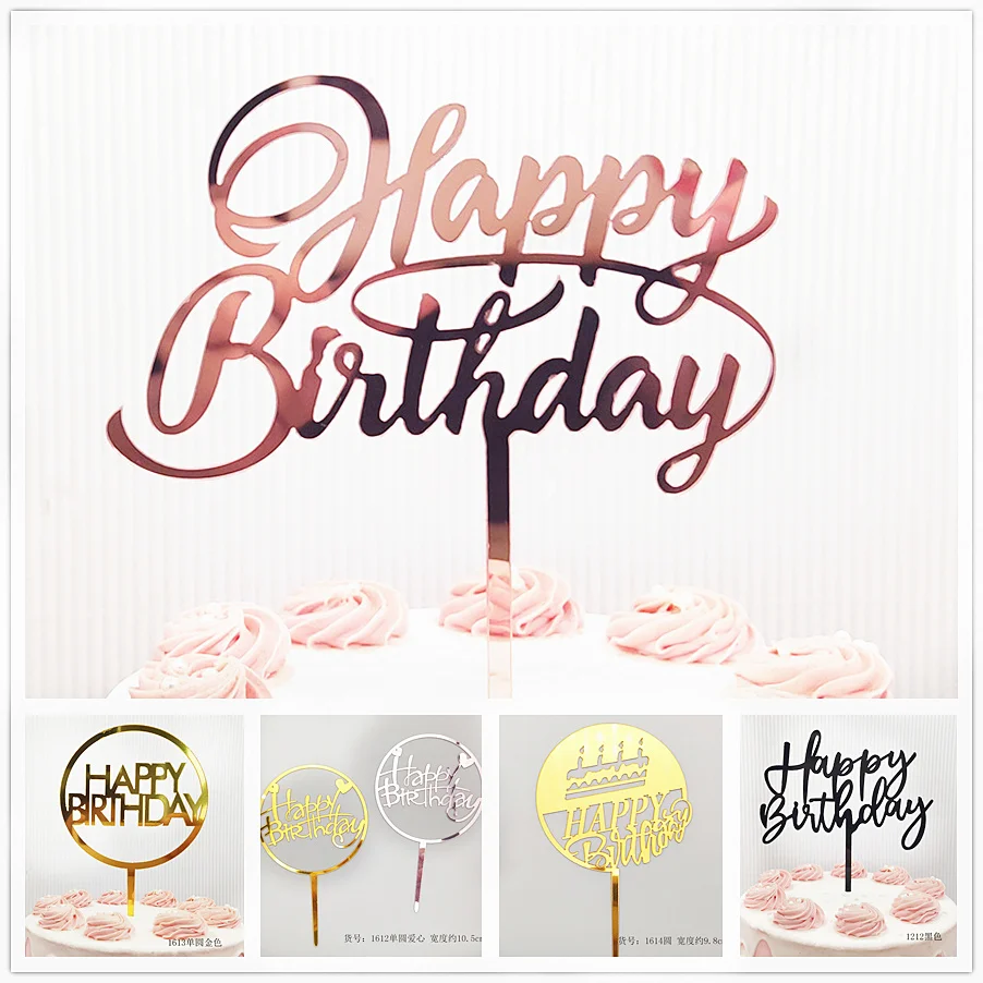 Acrylique Gâteau D'anniversaire Topper Or Rose Joyeux Anniversaire Dessert Gâteau Décoration Pour Ba