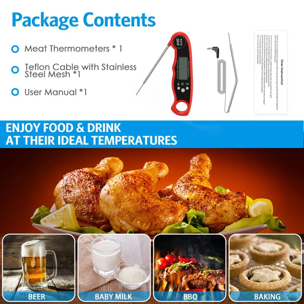 Thermomètre alimentaire numérique ORIA, thermomètre de cuisine, thermomètre pour viande, eau, lait,