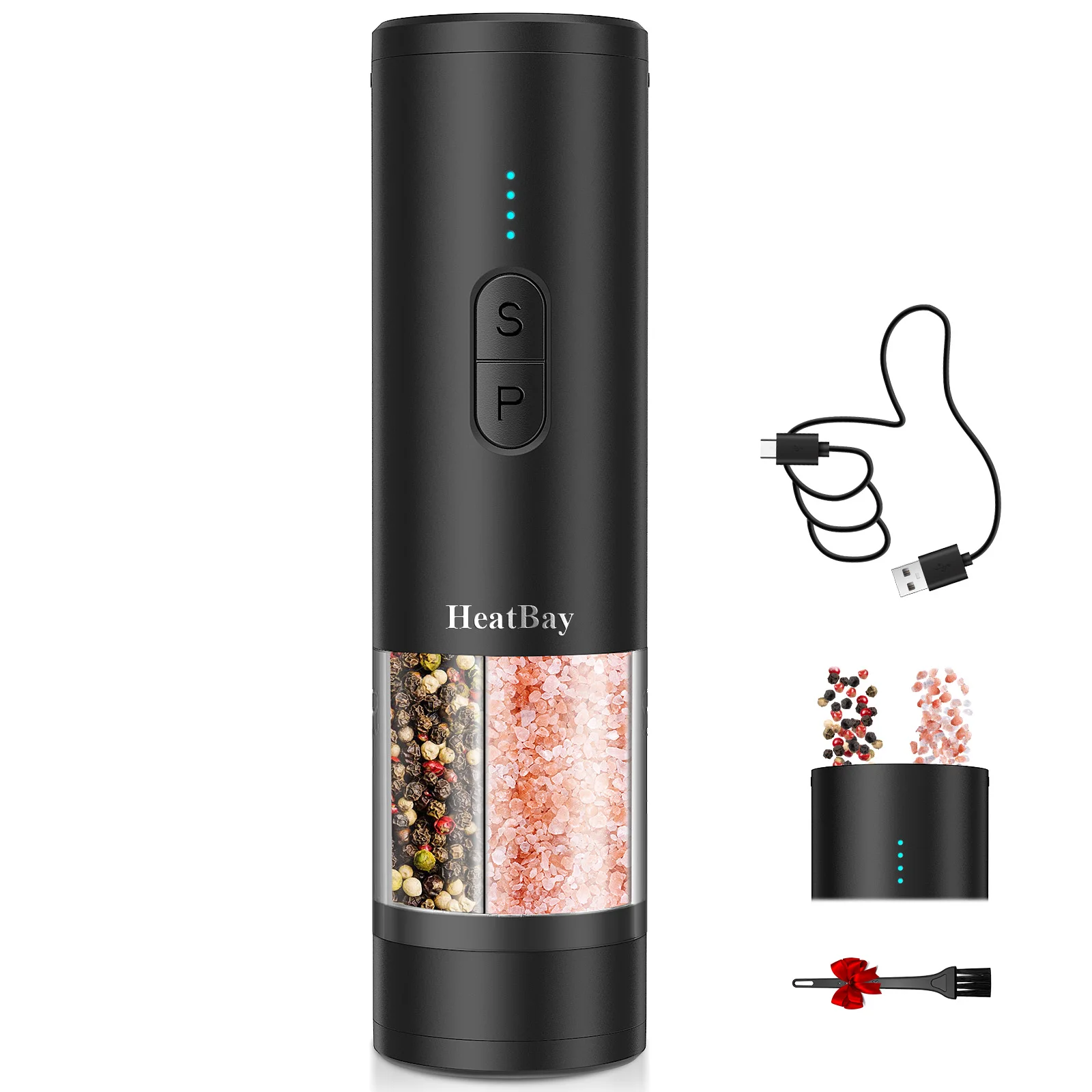 Moulin à poivre rechargeable par USB avec lumière LED, réglage de la grosseur, conçu pour une utilis