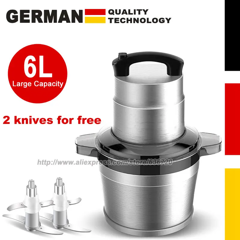 Robot culinaire électrique, hachoir à viande, 6L,1200W, pour viande, légumes, oignons et fruits, ave