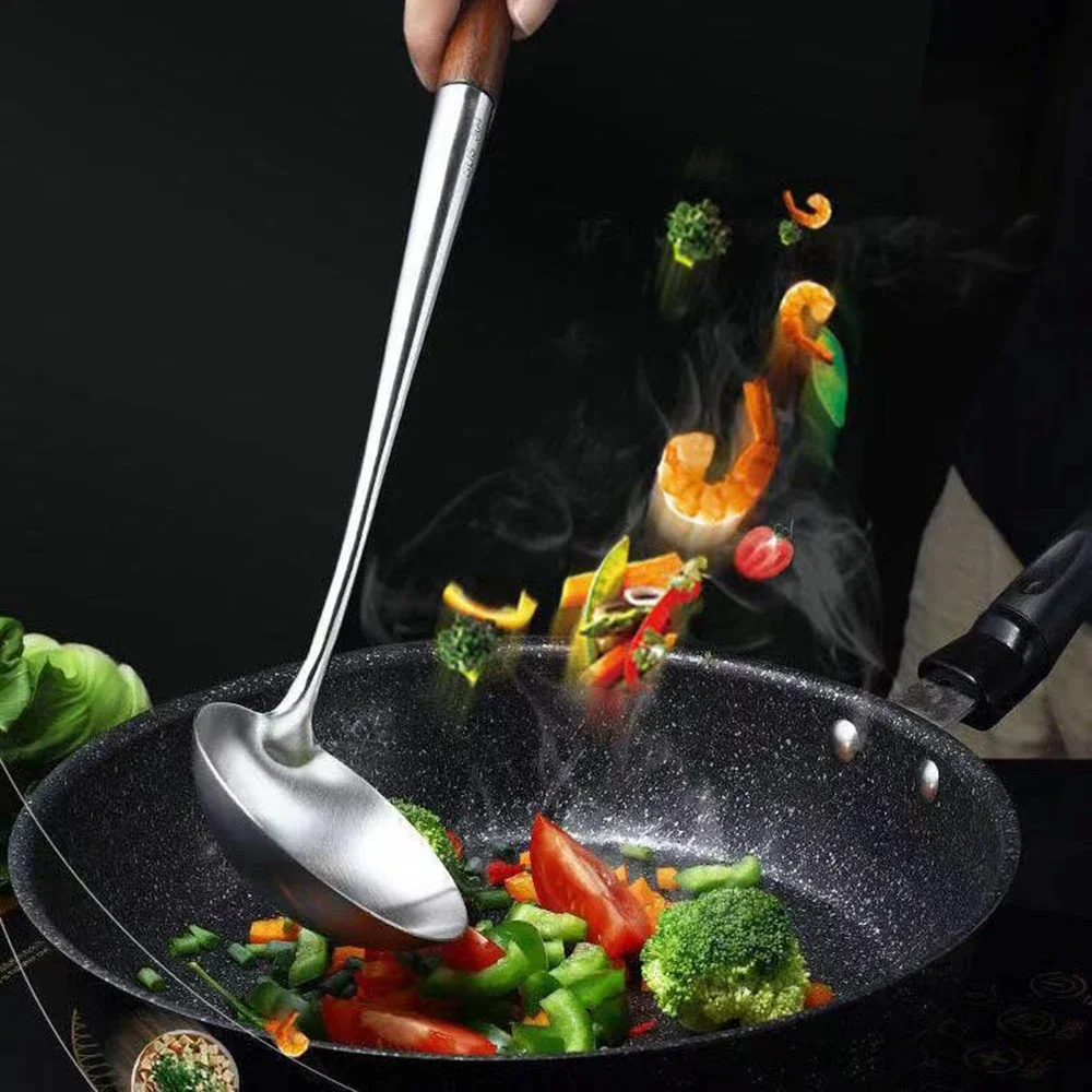 Spatule cuillère en acier inoxydable, manche en bois, pelle de cuisson, louche, ustensiles de cuisin