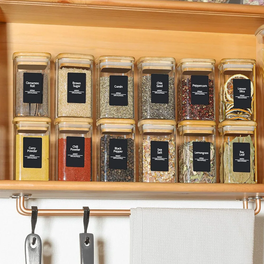Bocaux à épices en verre avec couvercle en bambou, contenants carrés hermétiques de 8 oz avec étique