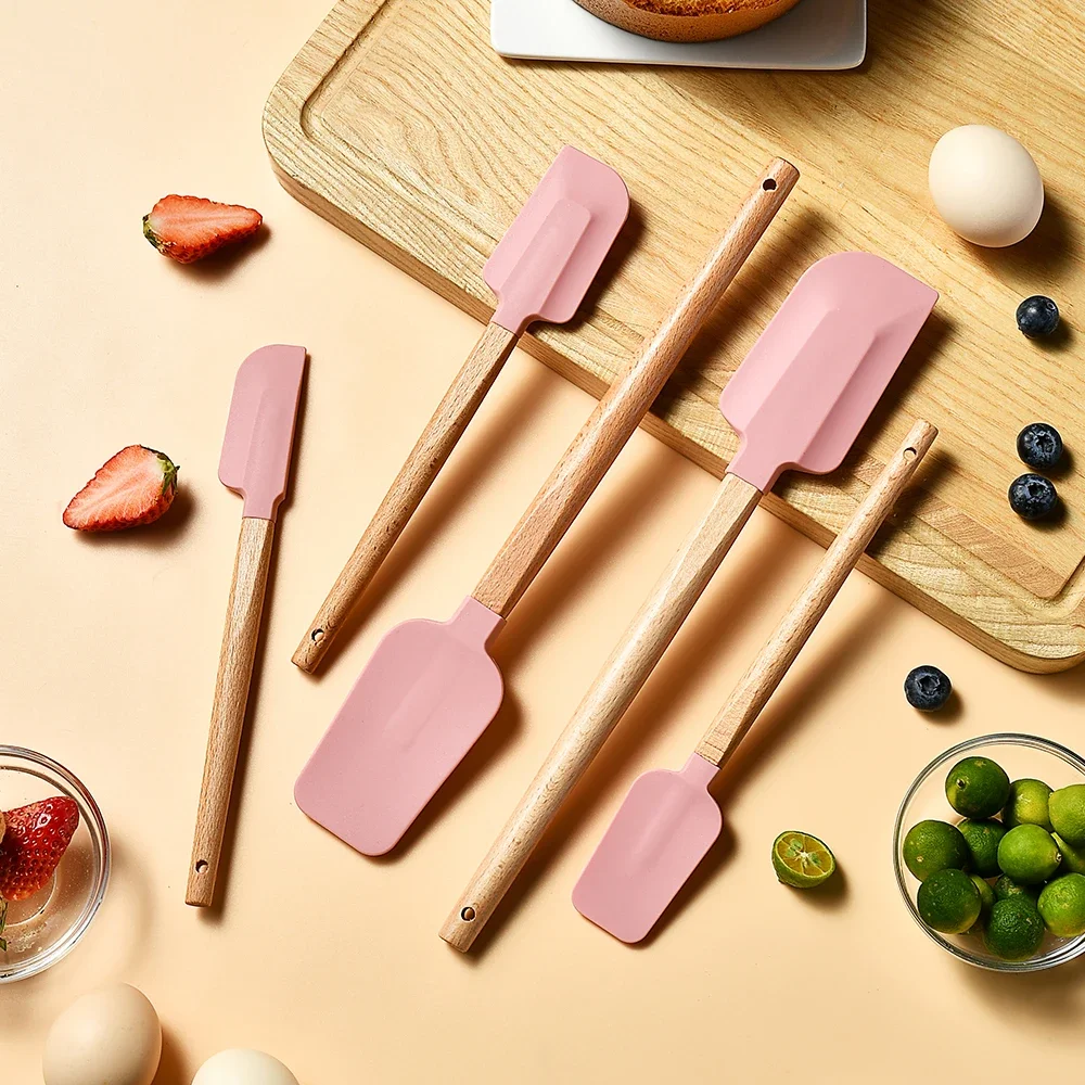 Spatule à crème en Silicone blanc, mélangeur de pâtisserie antiadhésif, manche en bois, grattoir de 