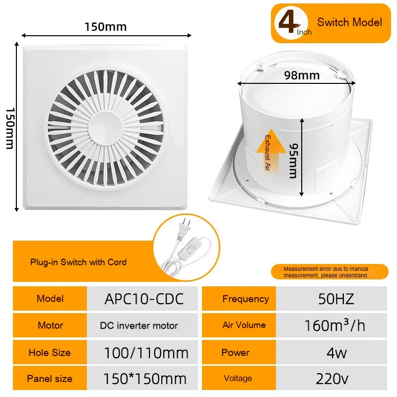 Ventilateur d'extraction axial silencieux 220V, ventilateur de conduit domestique pour salle de bain