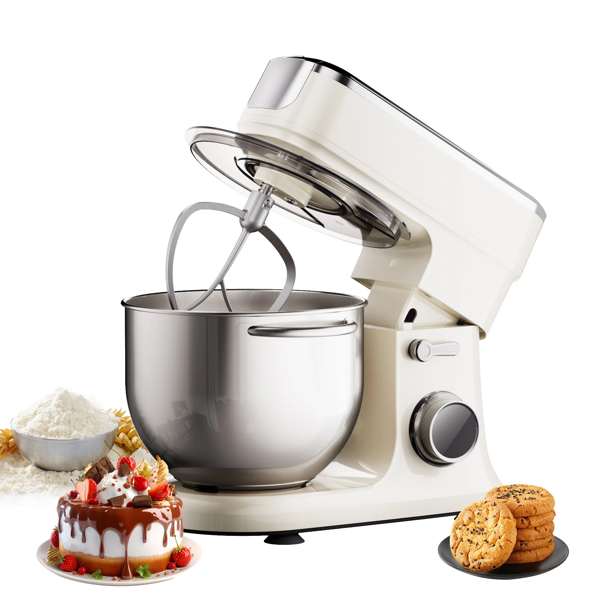 Robot pâtissier BioloMix 7L pour la pâtisserie, moteur DC 1200W avec crochet pétrisseur, fouet, batt