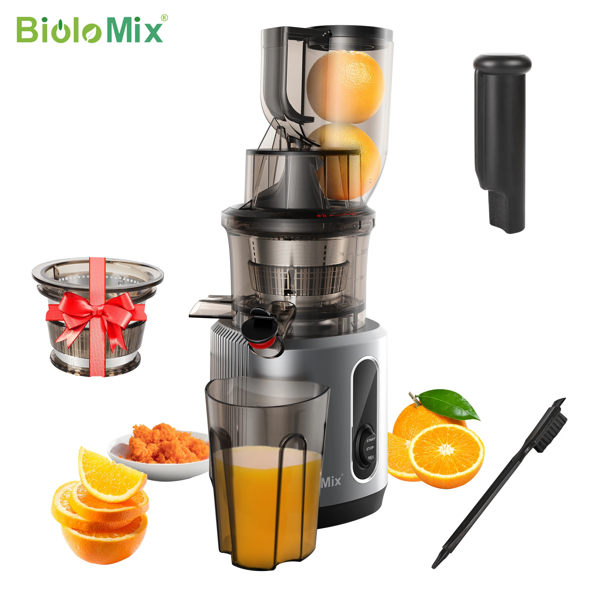 BioloMix Presse-agrumes à pression froide avec goulotte d'alimentation de 75 mm, extracteur de jus à