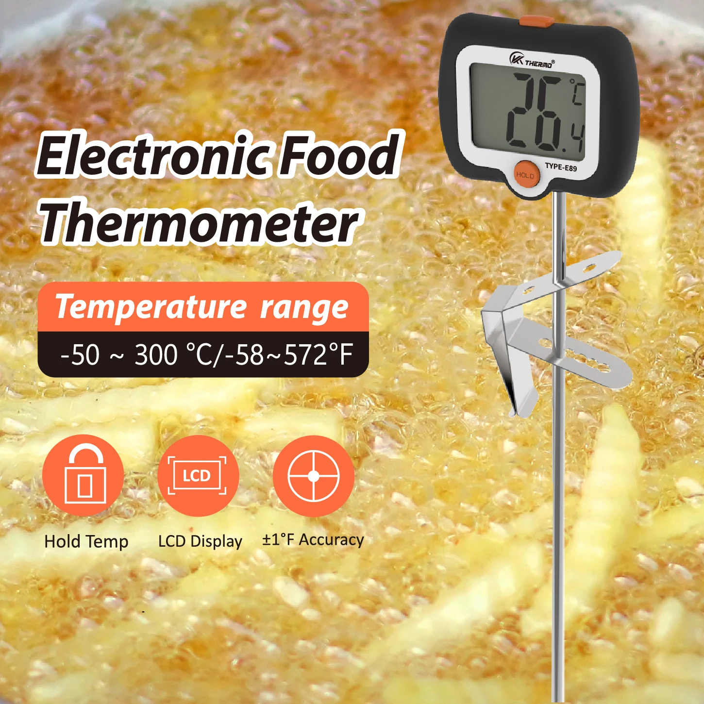 Thermomètre alimentaire numérique -300 ° C/572 ° Sonde en acier inoxydable 304, affichage LCD, jauge