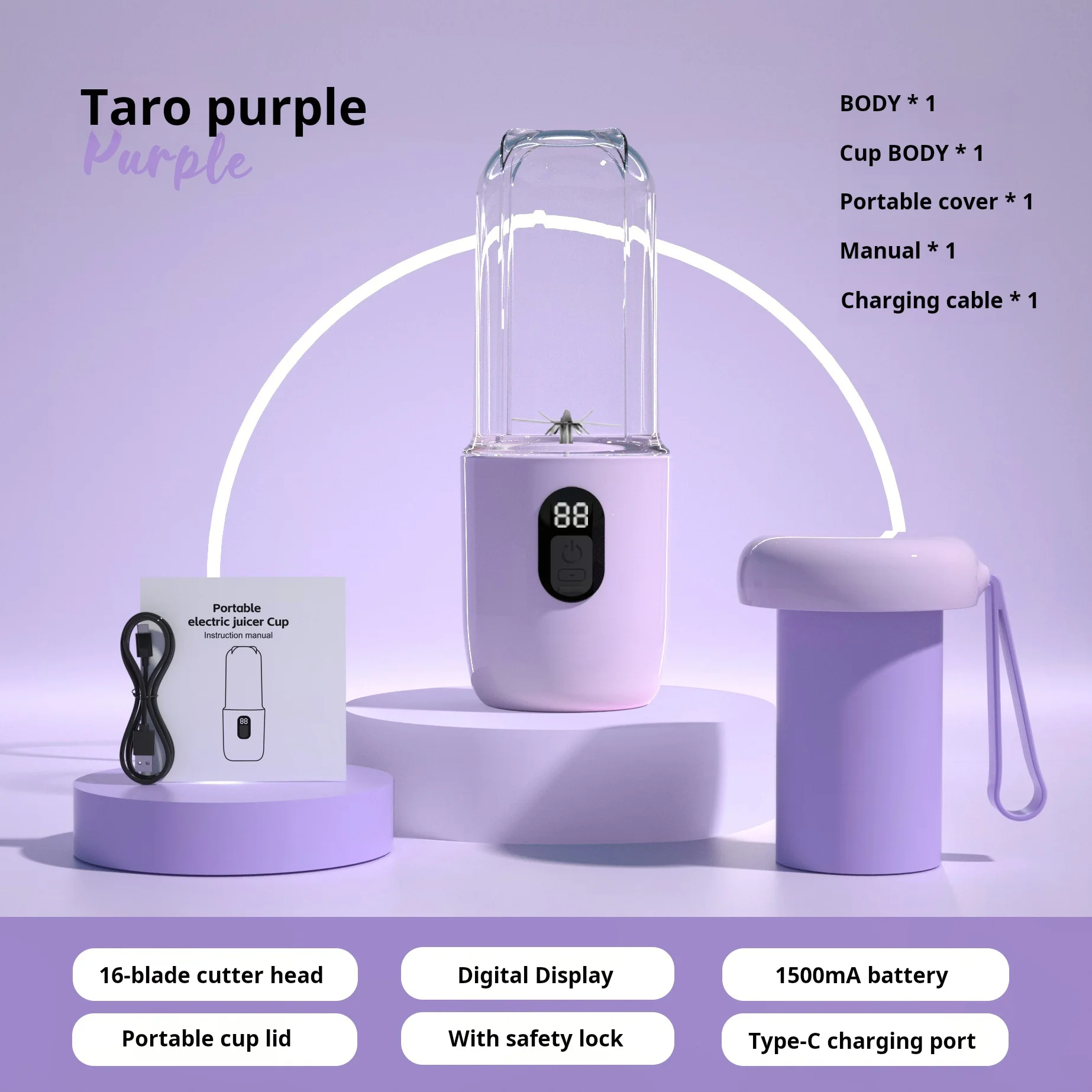 Mélangeur Portable avec couvercle, presse-agrumes Orange sans fil, Rechargeable, 16 lames en acier i