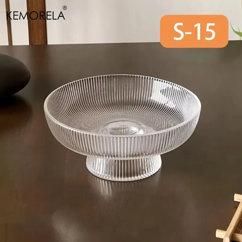 Bol à fruits en verre élégant, bol sur pied nervuré transparent pour fruits, salades, desserts et co