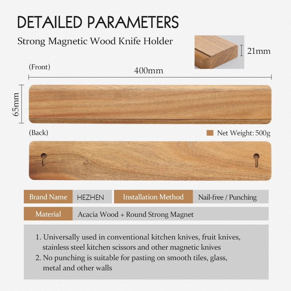Hezhen porte-couteau magnétique 400mm accessoires de cuisine couteaux en bois outils de rangement bo