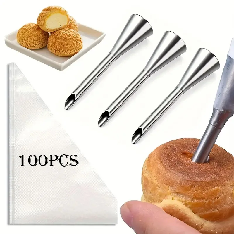 Kit de tuyauterie de pâtisserie Choux en acier inoxydable, 103 pièces, 100 sacs jetables + buse de b