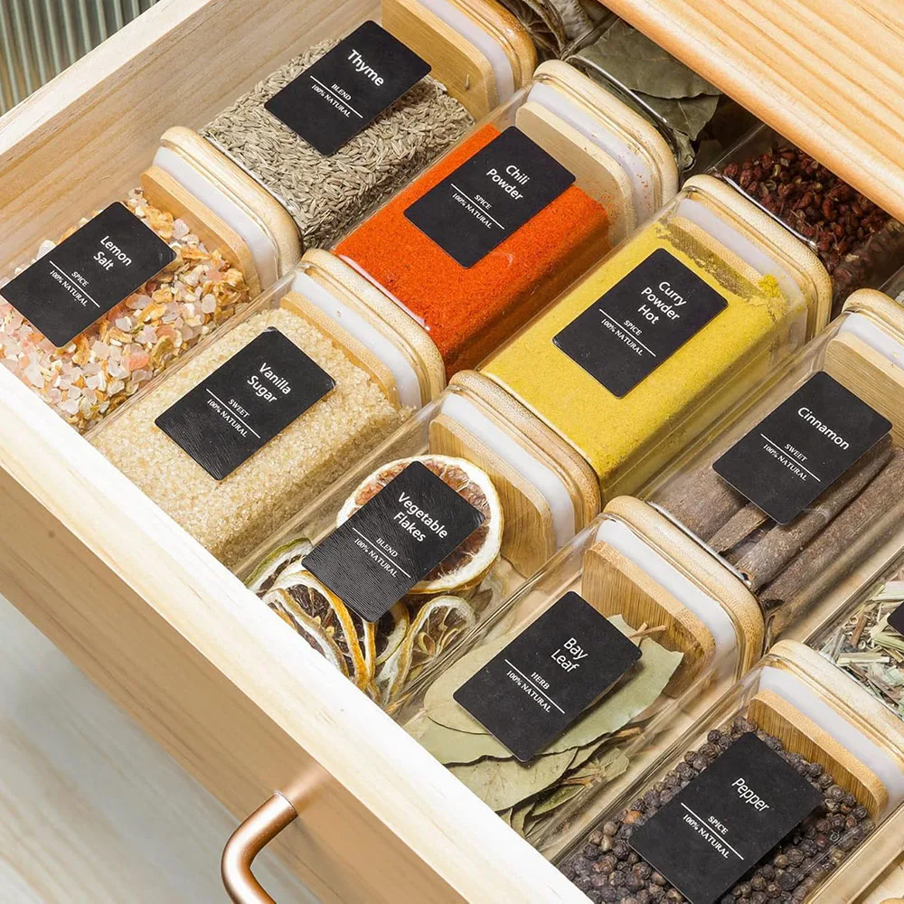 Bocaux à épices en verre avec couvercle en bambou, contenants carrés hermétiques de 8 oz avec étique