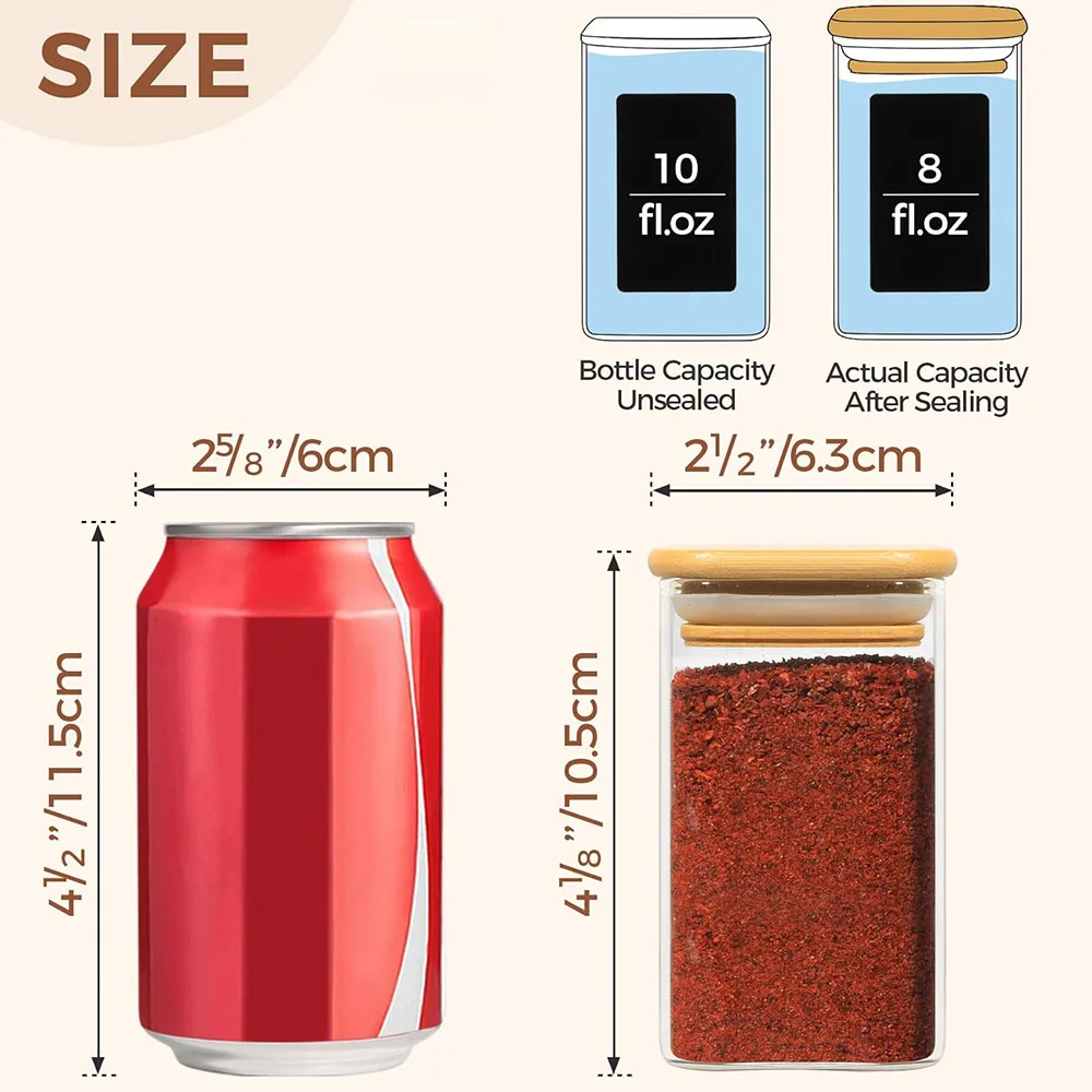 Bocaux à épices en verre avec couvercle en bambou, contenants carrés hermétiques de 8 oz avec étique