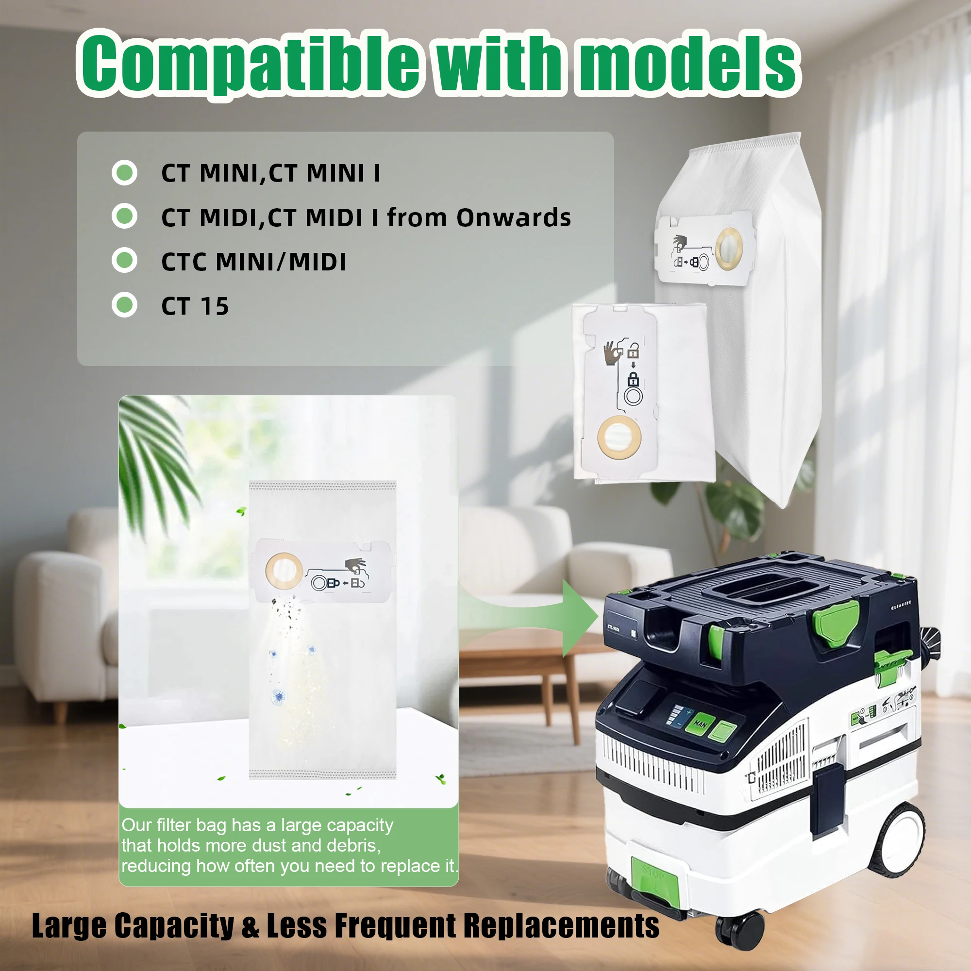 Paquet de 10 pour sac d'aspirateur Festool 204308 CT compatible avec Festool CT MINI, CT MINI I, CT