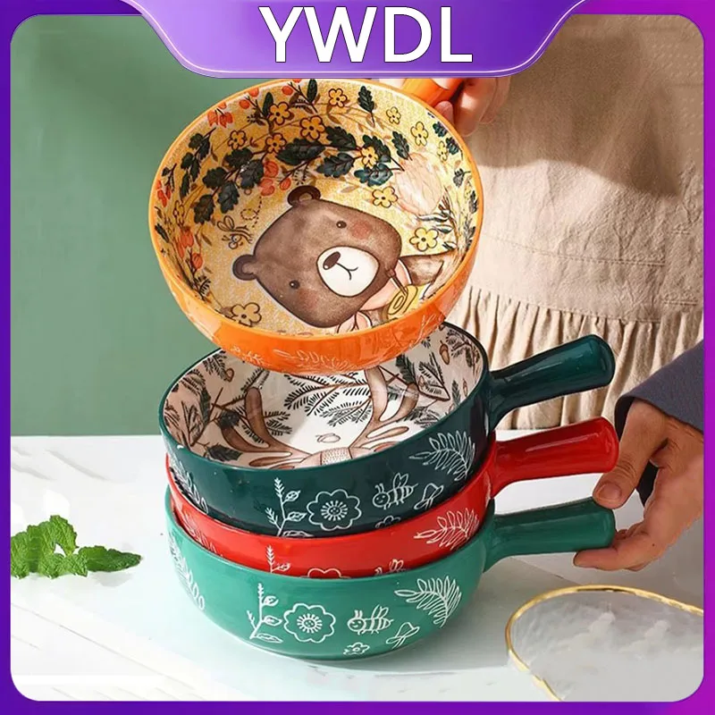 Plat à four en céramique YWDL avec poignée, motif animaux de la forêt, sous-glaçure, vaisselle de cu