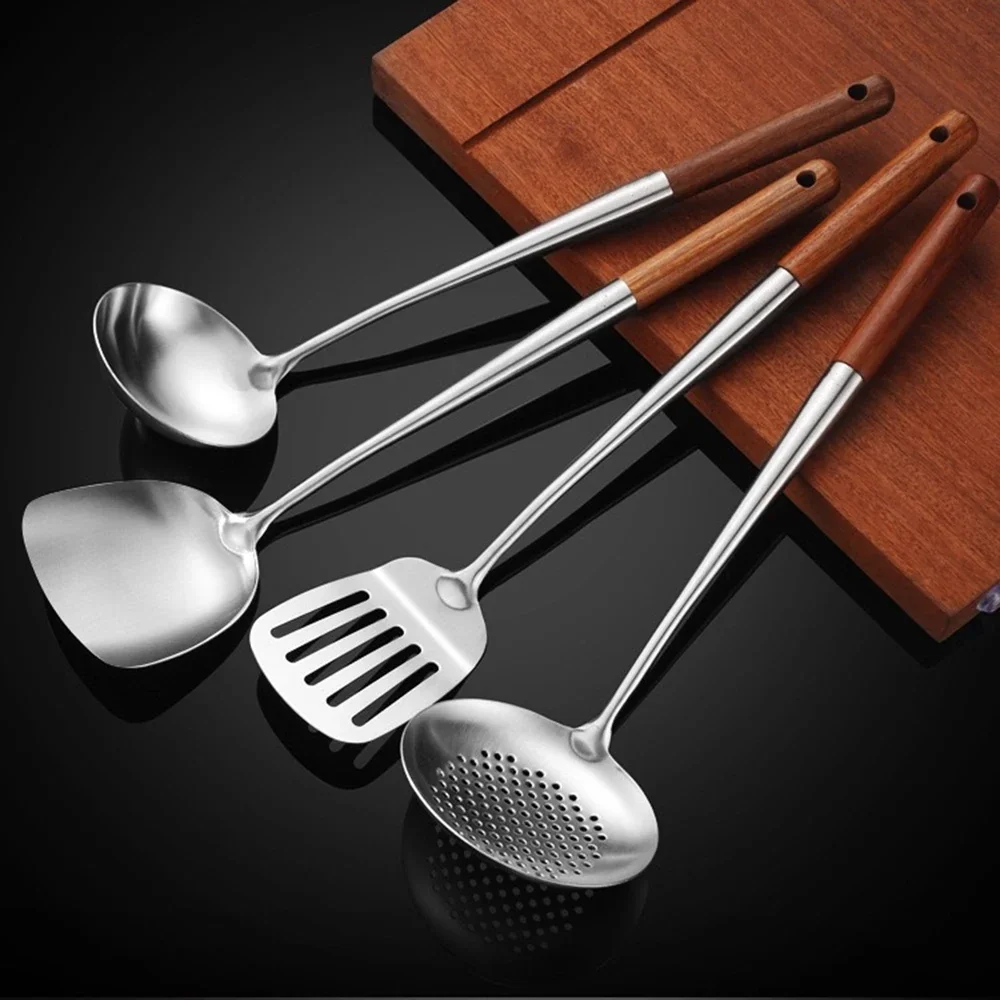 Spatule cuillère en acier inoxydable, manche en bois, pelle de cuisson, louche, ustensiles de cuisin