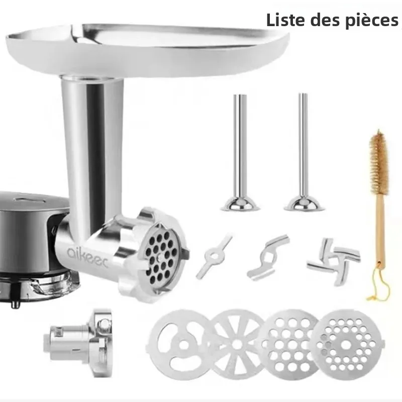 Accessoires pour robot culinaire Kenwood : hachoir à viande, moulin à saucisses, presse à nouilles.