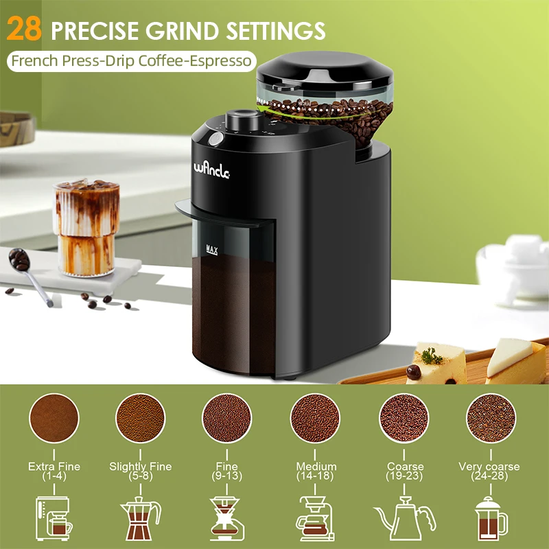 Wancle – moulin à café électrique réglable, broyage de grains de café conique avec 28 réglages de br