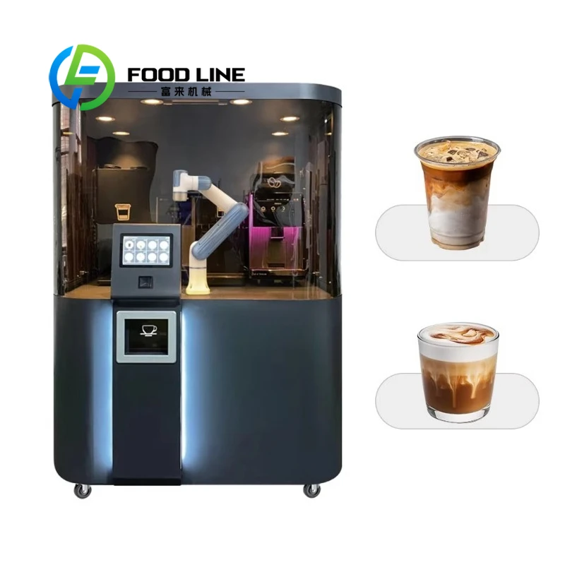 Machine à café robotisée transparente avec bras robotique, processus de préparation du café visible,