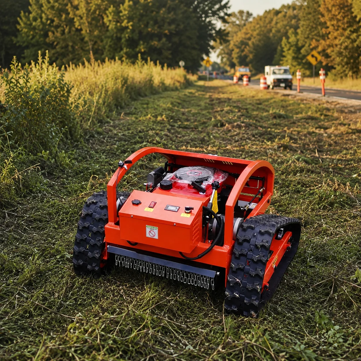 Tondeuse à gazon télécommandée tout-terrain robuste à chenilles pour la tonte des pentes raides, de l'herbe haute et des mauvaises herbes dans les fermes et vergers