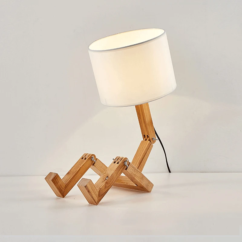 Lampe de Table en bois en forme de Robot E27, support de lampe 110-240V, tissu moderne, lampe de Table de bureau en bois, salon, étude intérieure, veilleuse