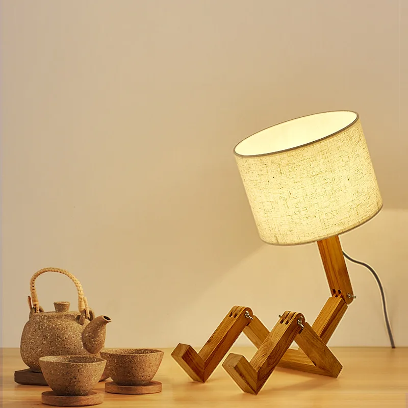 Lampe de Table en bois en forme de Robot E27, support de lampe 110-240V, tissu moderne, lampe de Table de bureau en bois, salon, étude intérieure, veilleuse