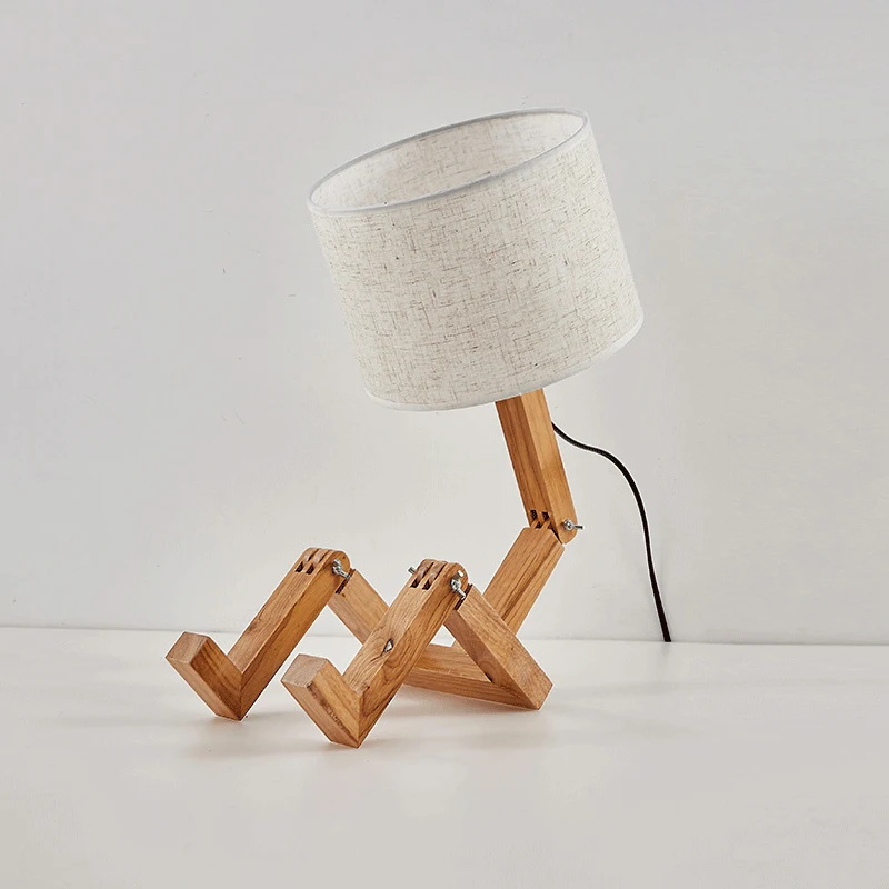 Lampe de Table en bois en forme de Robot E27, support de lampe 110-240V, tissu moderne, lampe de Table de bureau en bois, salon, étude intérieure, veilleuse