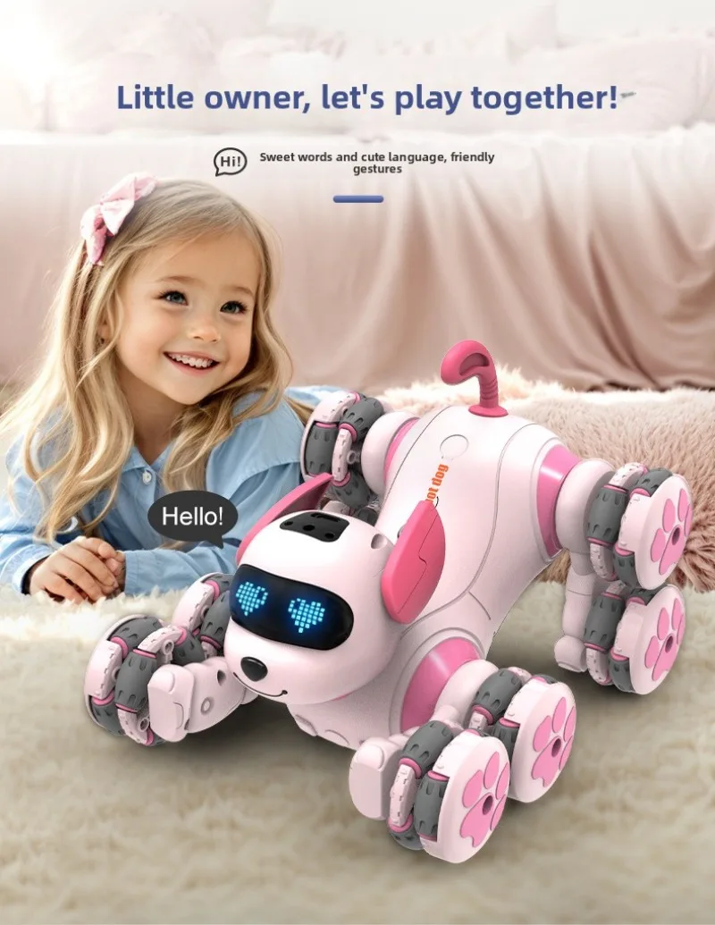 Nouveau chien robot télécommandé intelligent - Chien acrobatique à 8 roues, forme d'animal de compagnie mignon rose, jouet robot chien pour enfants