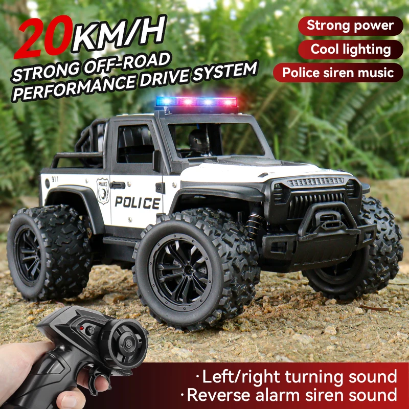 Voiture de police tout-terrain télécommandée, lumières de police cool, sons de sirène simulés, corps en alliage à l'échelle 1:16, absorption des chocs à ressort