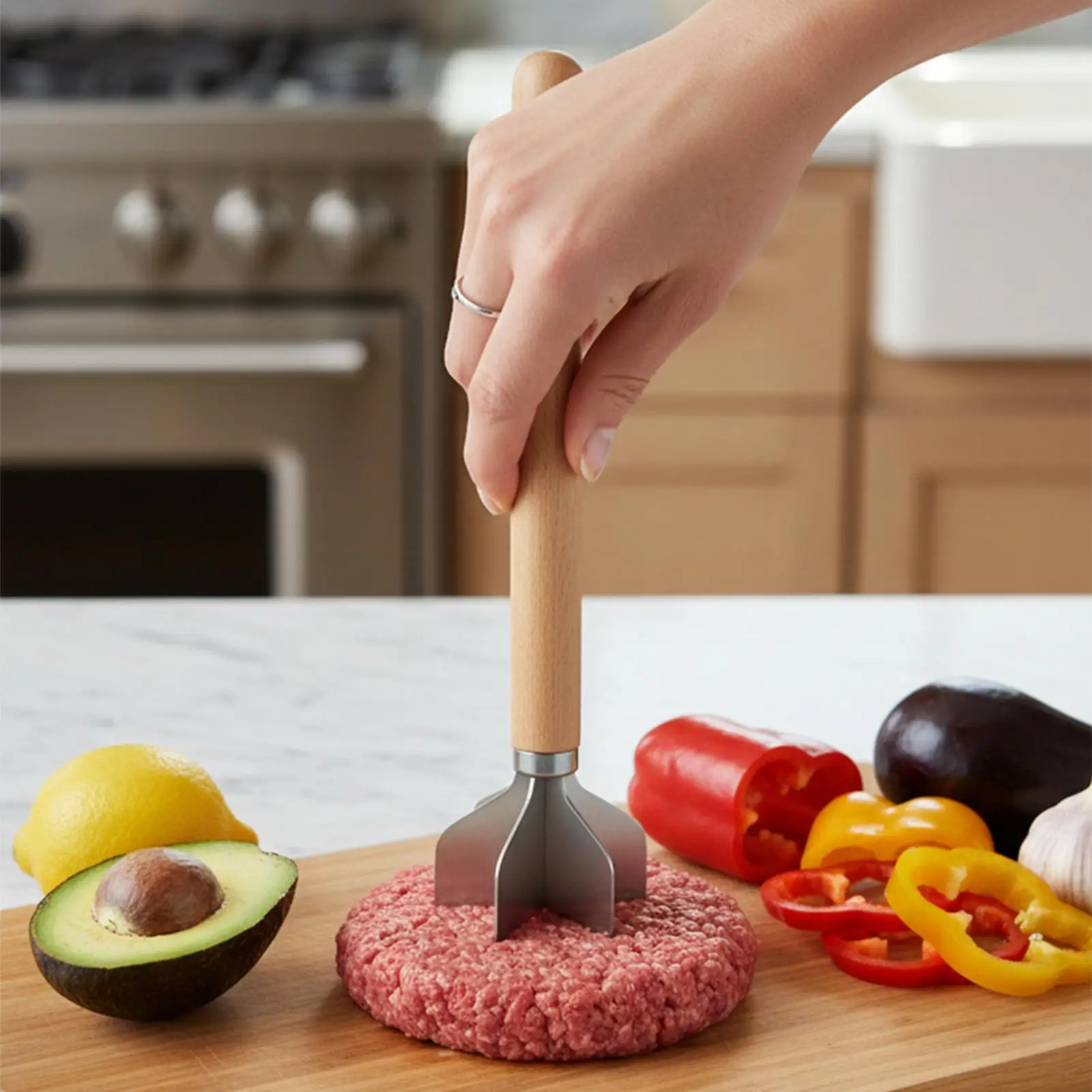 Hachoir à viande avec manche en bois et revêtement antiadhésif