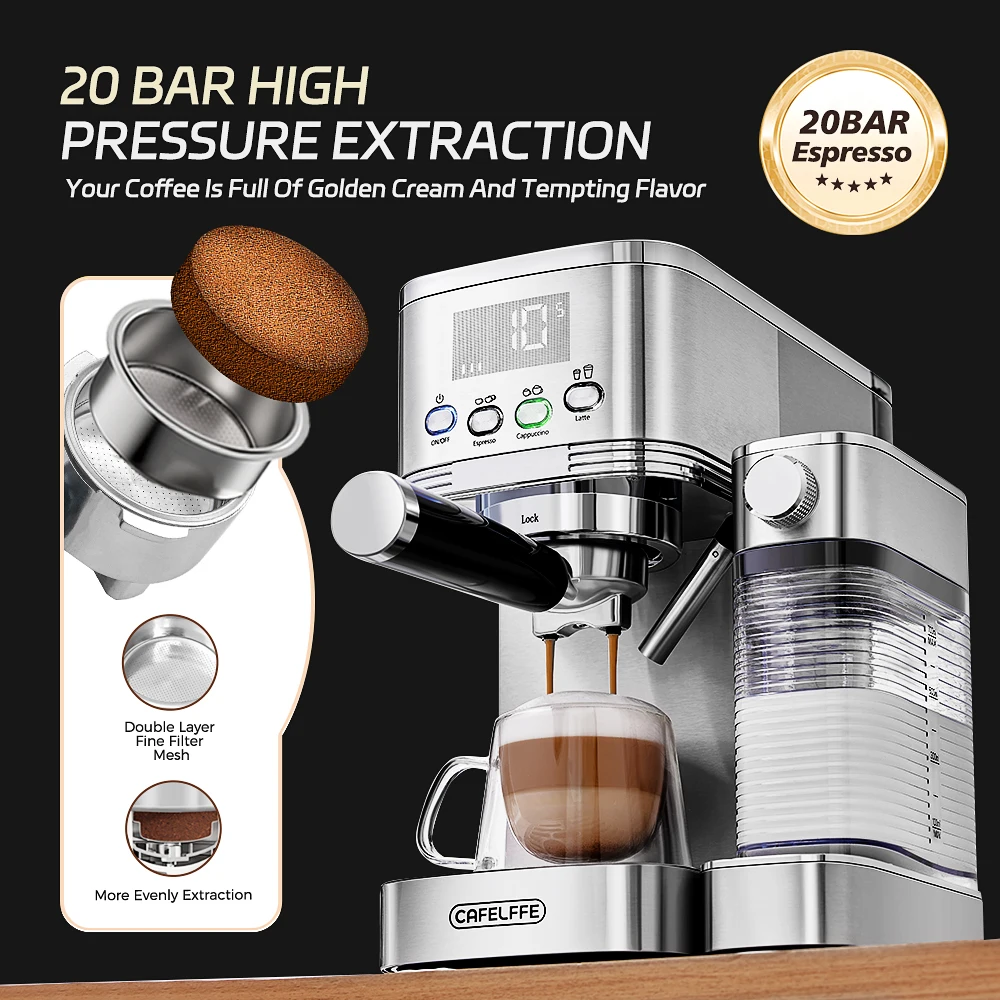 Cafelffe Machines à expresso entièrement automatiques Mousse de lait automatique Café moulu Acier inoxydable Machine à cappuccino Cafétéria 20Bar