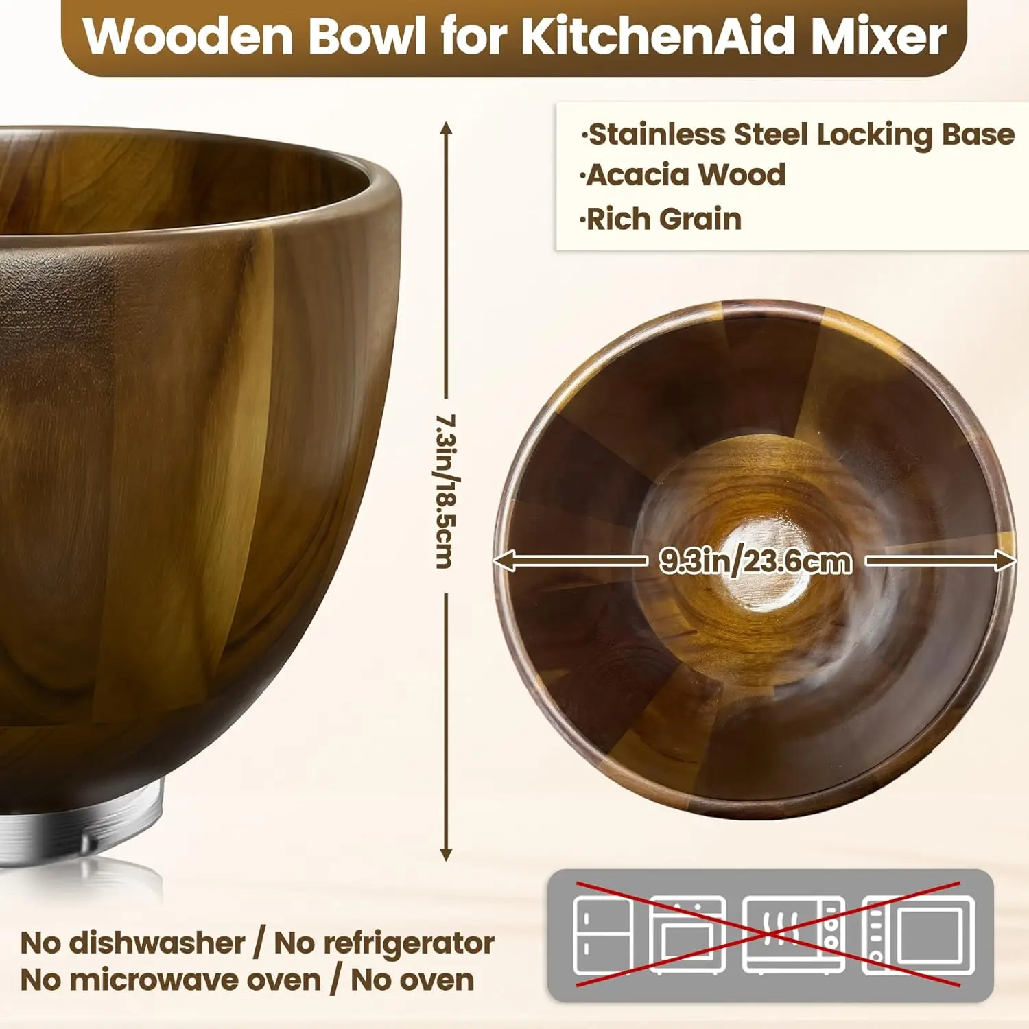 Bol mélangeur en bois de noyer 5QT pour batteurs sur socle inclinable KitchenAid 4