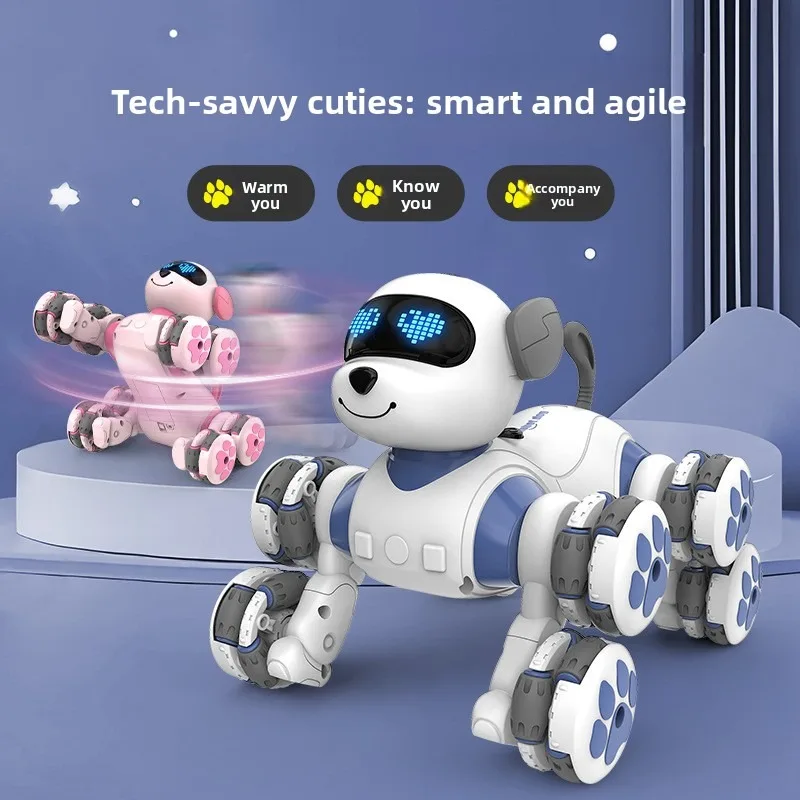 Nouveau chien robot télécommandé intelligent - Chien acrobatique à 8 roues, forme d'animal de compagnie mignon rose, jouet robot chien pour enfants