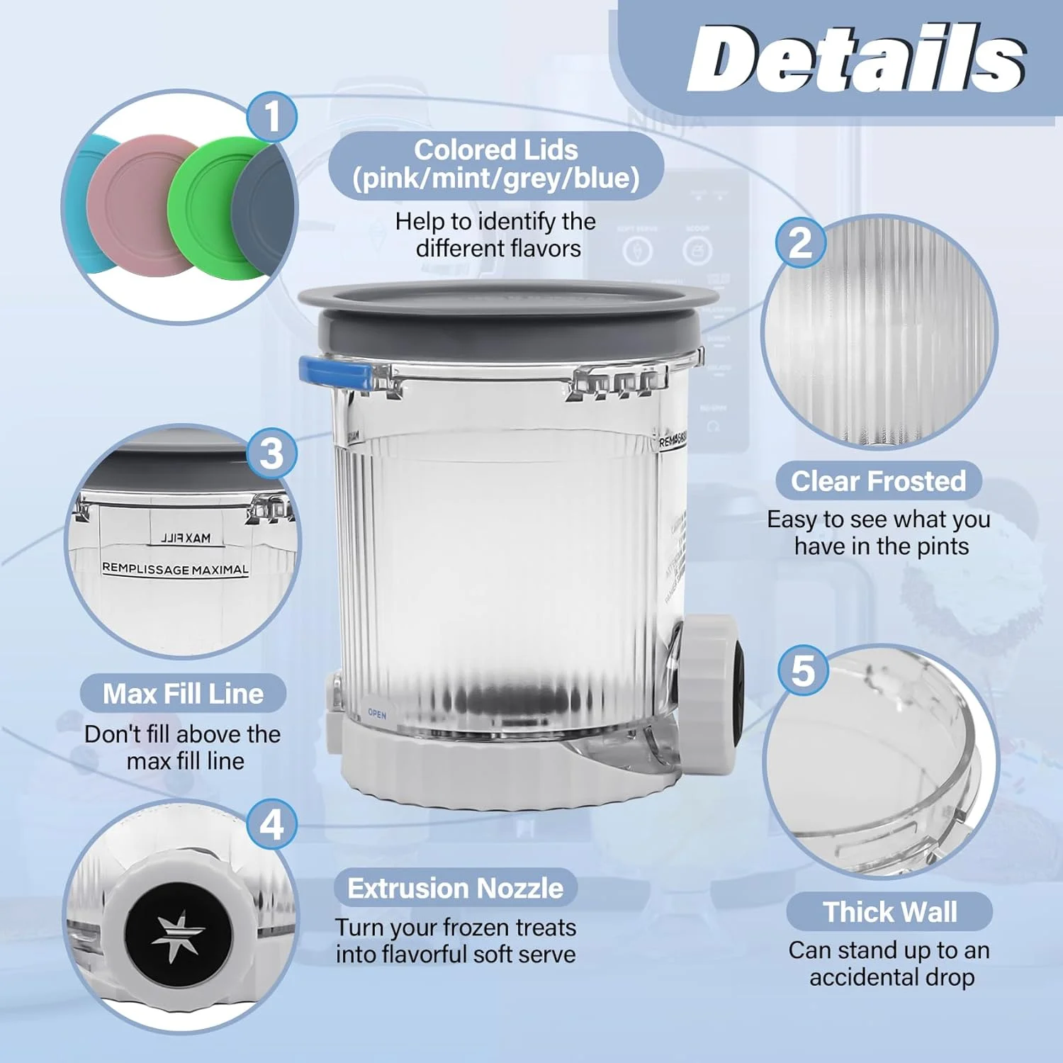 Contenants de remplacement Ninja Creami Swirl Pint avec couvercles assortis compatibles avec les machines à crème glacée