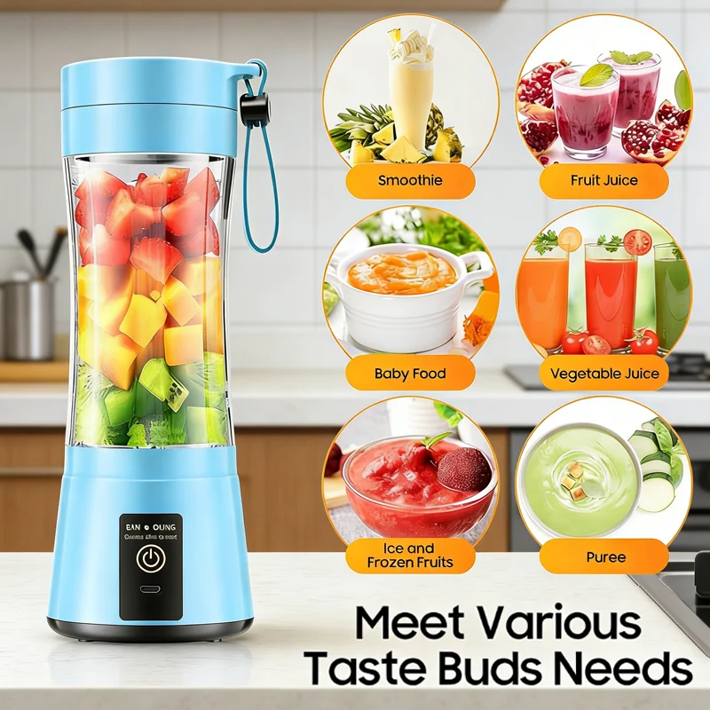 Mixeur de jus domestique 380 ml, mini-presse-agrumes électrique rechargeable par USB, mixeur de smoothies, mixeur de milk-shakes, mixeur portable pour pique-nique en plein air