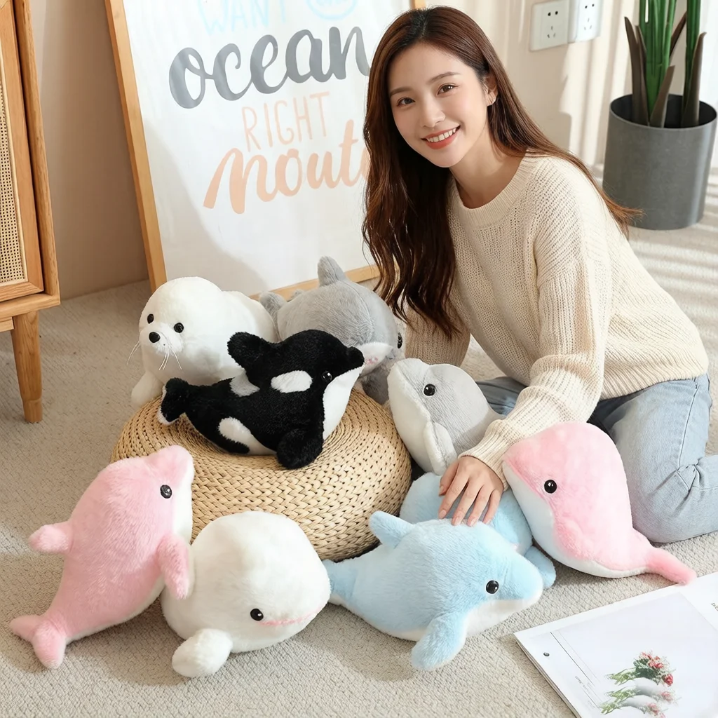Peluche Kawaii de 28 cm : Orca, Dauphin, Requin, Phoque – Jouet en Peluche Animal Marin, Cadeau Compagnon
