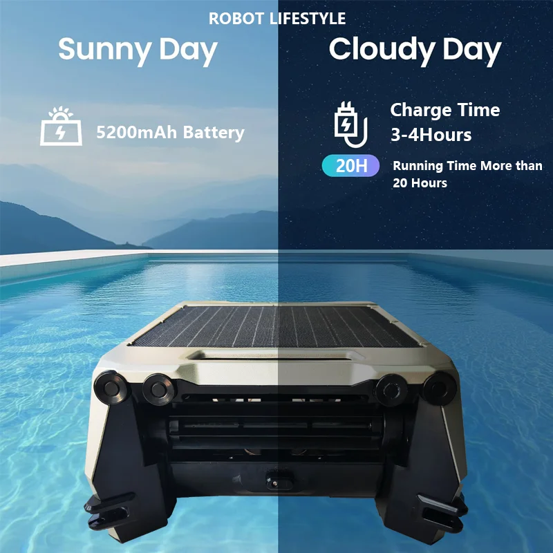 Robot Skimmer S002A, robot de piscine solaire sans fil avec batterie 5200mAh, autonomie de 20h, filtration de précision 220μm, panneau solaire 12W