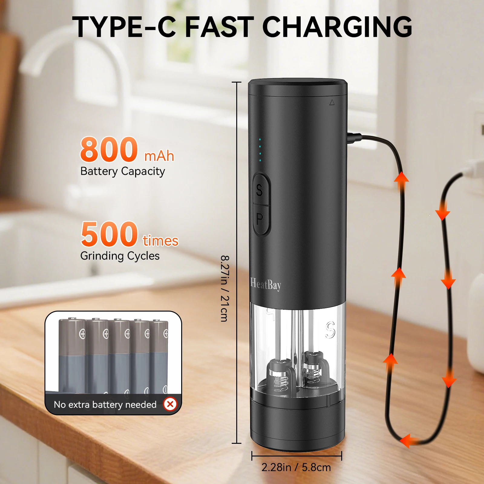 Moulin à poivre rechargeable par USB avec lumière LED