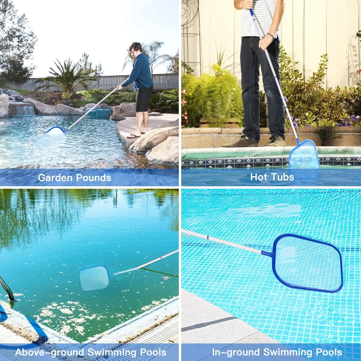 Filet d'écumoire de piscine avec 5 sections de poteaux en aluminium de 64 pouces, feuille de nettoyage de piscines, spas, bains à remous et fontaines