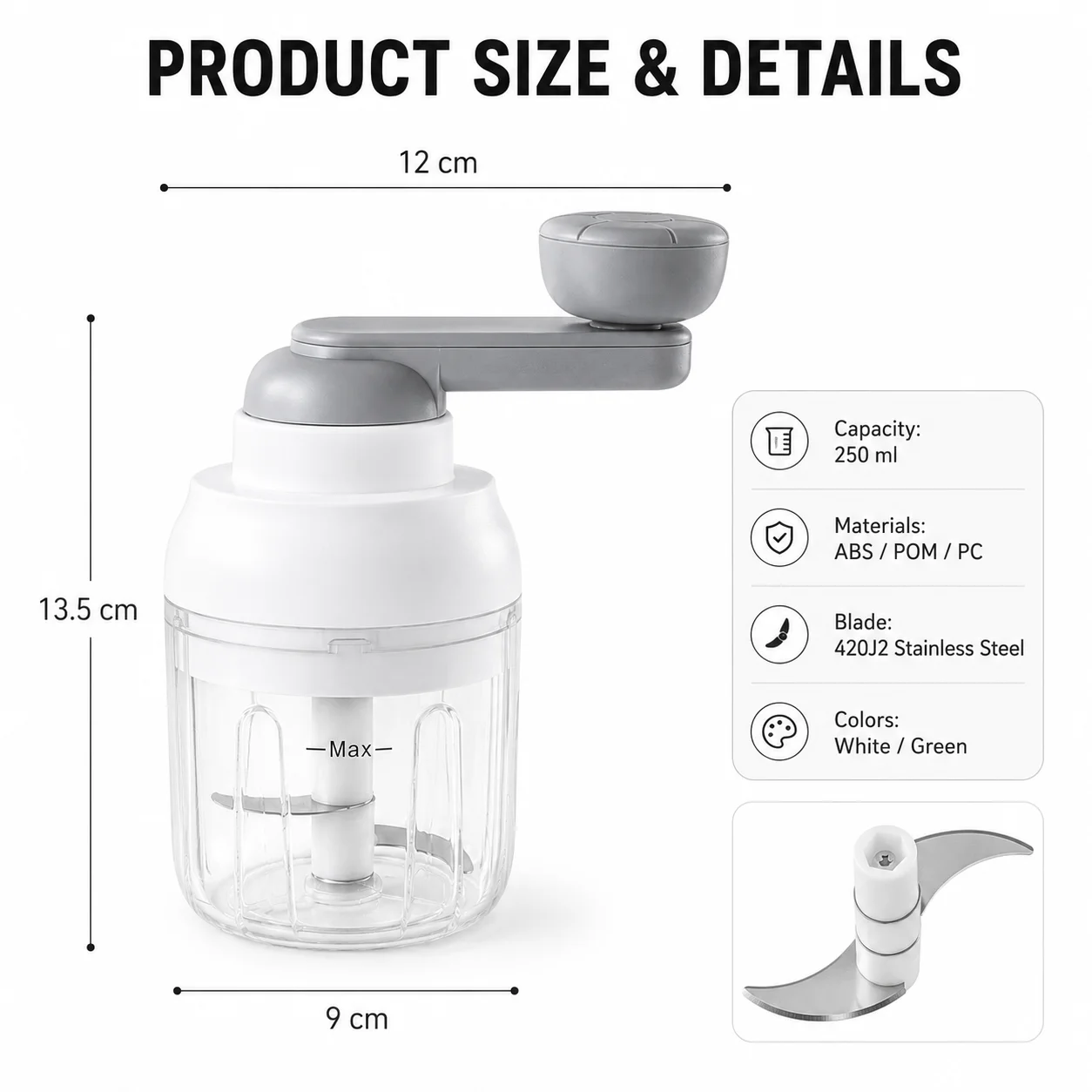 Hachoir manuel 250 ml, presse-ail rotative