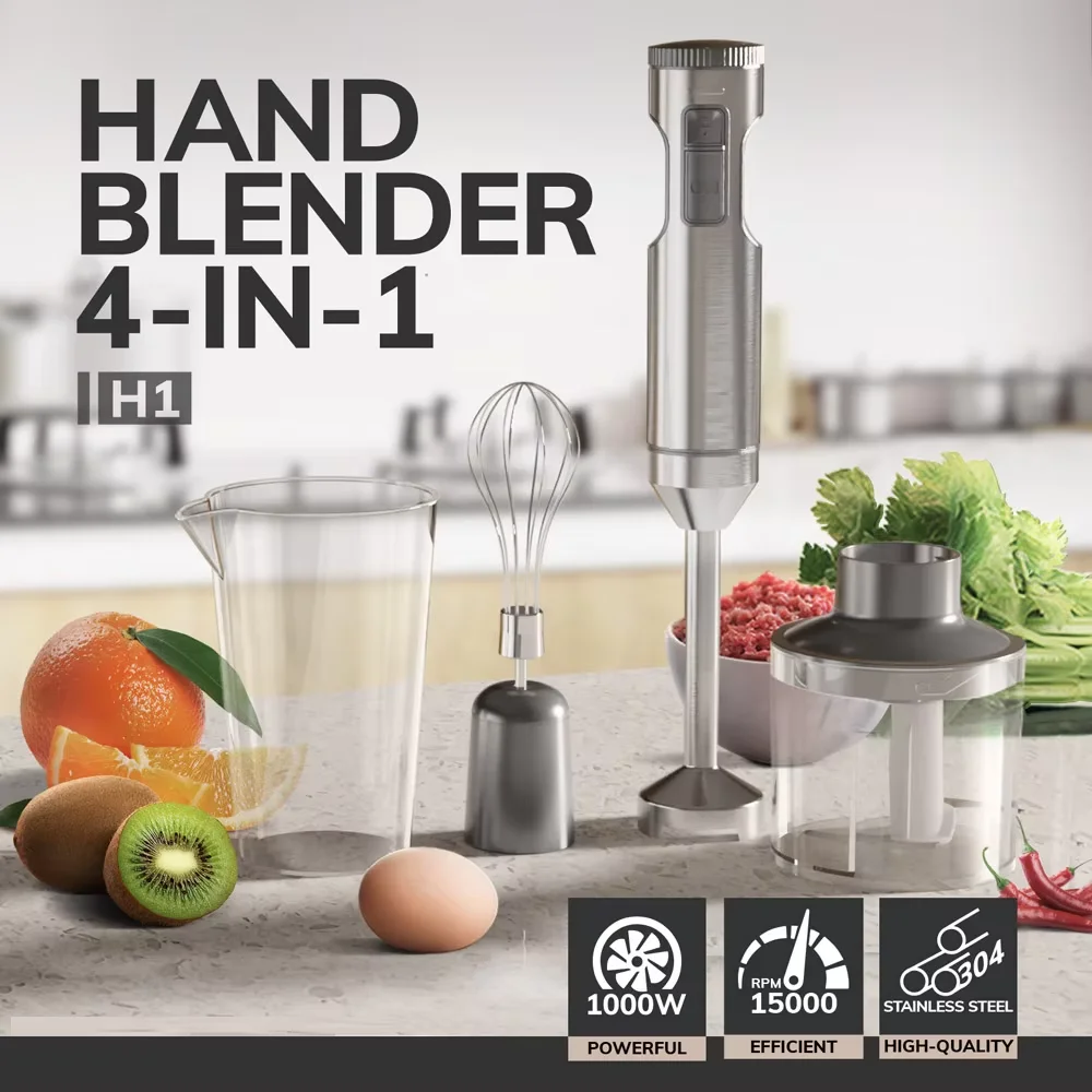 Mixeur Plongeant Puissant 4-en-1, Batteur Manuel en Acier Inoxydable, Bol de Mélange 700ml, Hachoir 500ml, Fouet