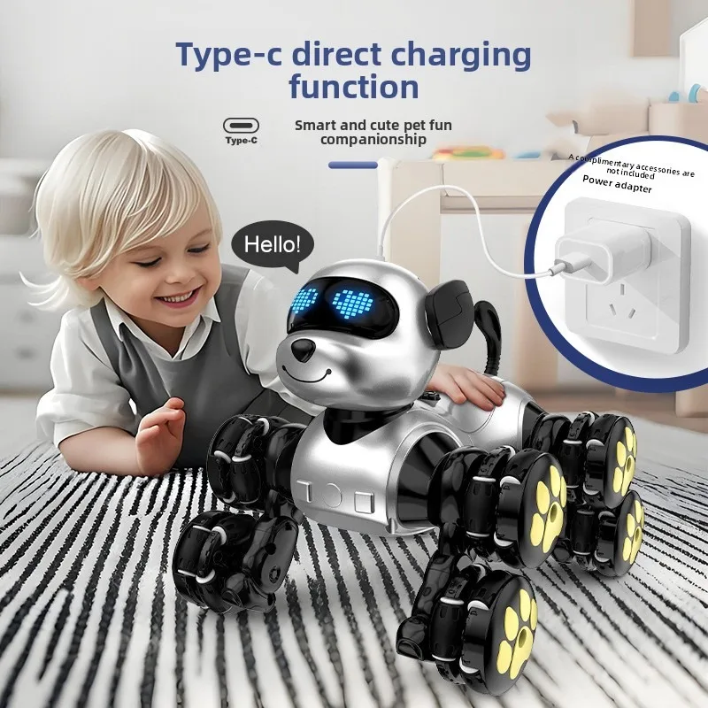 Nouveau chien robot télécommandé intelligent - Chien acrobatique à 8 roues, forme d'animal de compagnie mignon rose, jouet robot chien pour enfants