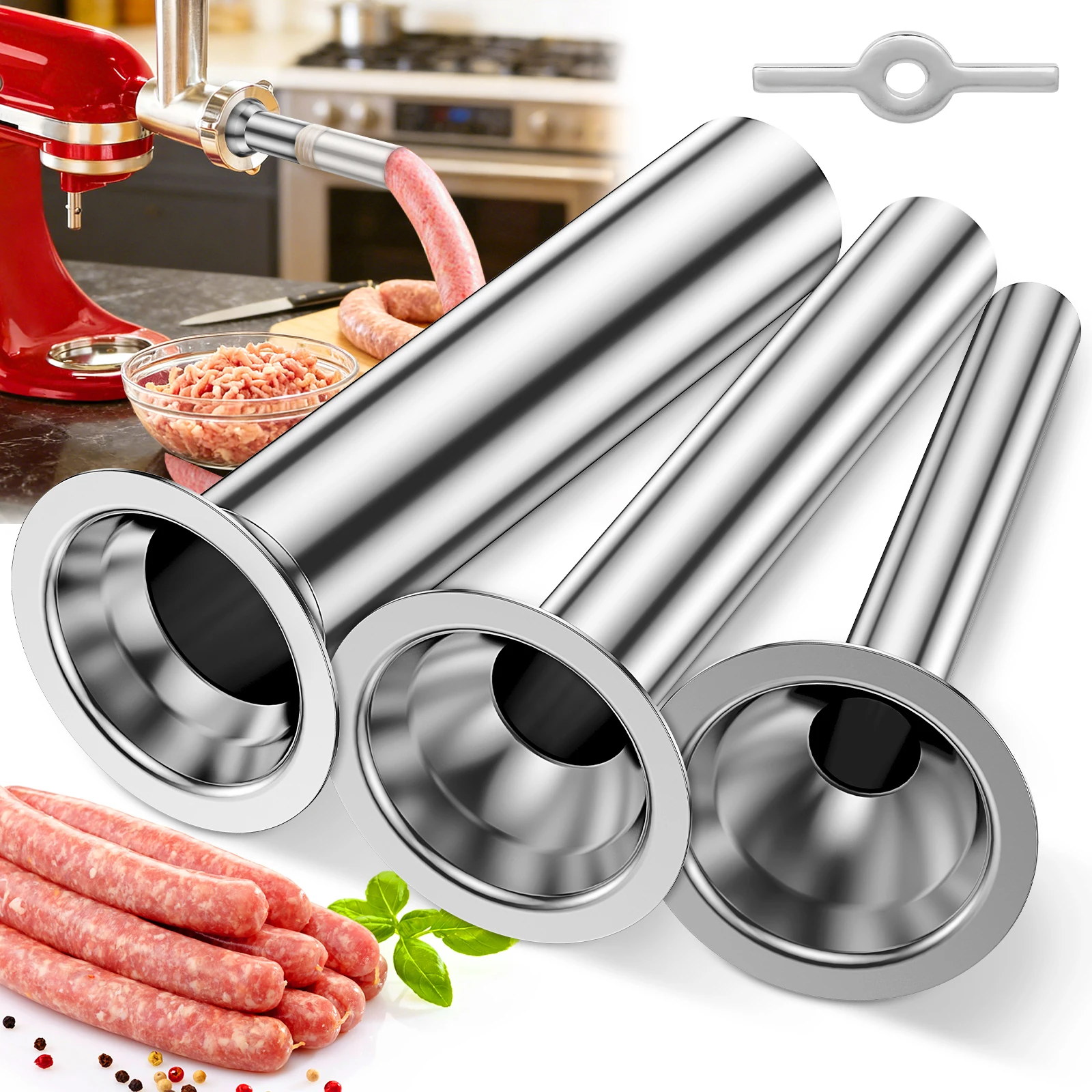 Lot de 3 tubes à saucisses en acier inoxydable avec support de fixation