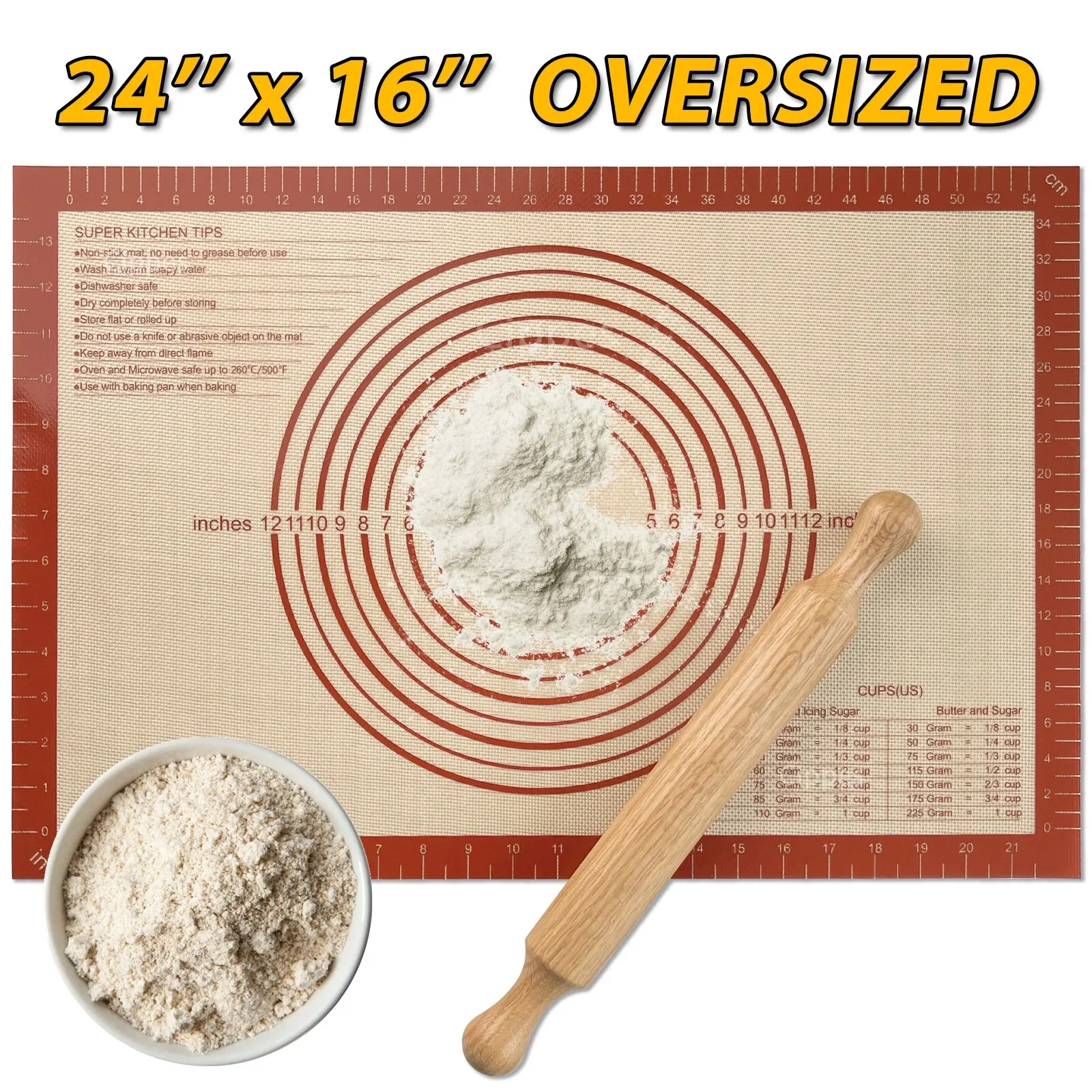 Tapis à pâtisserie en Silicone 60x40cm, 0.7mm d'épaisseur, tapis à rouler la pâte antiadhésif avec Guide de mesures, feuille de cuisson sûre au four