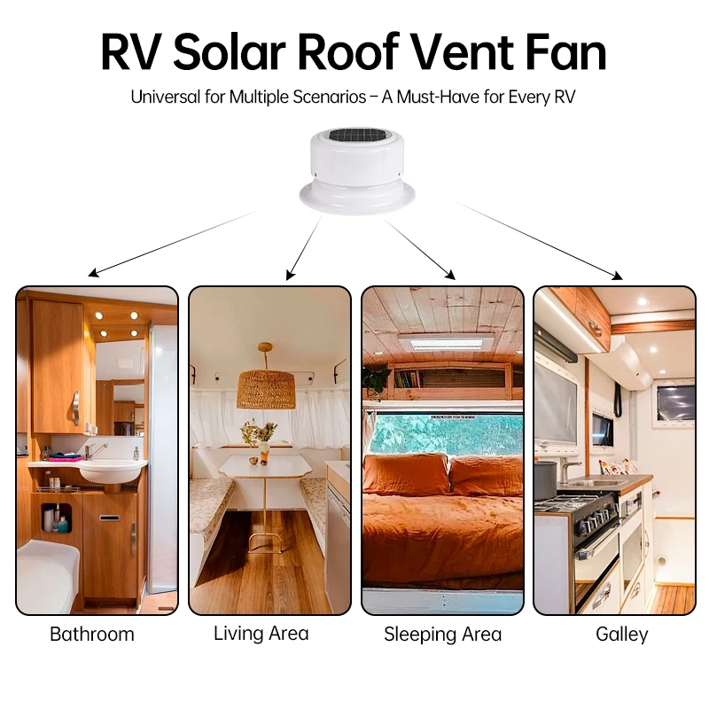 Ventilateur de toit solaire pour camping-car, silencieux, 12V, avec couvercle en ABS, sans fil, pour caravane, remorque, salle de bain