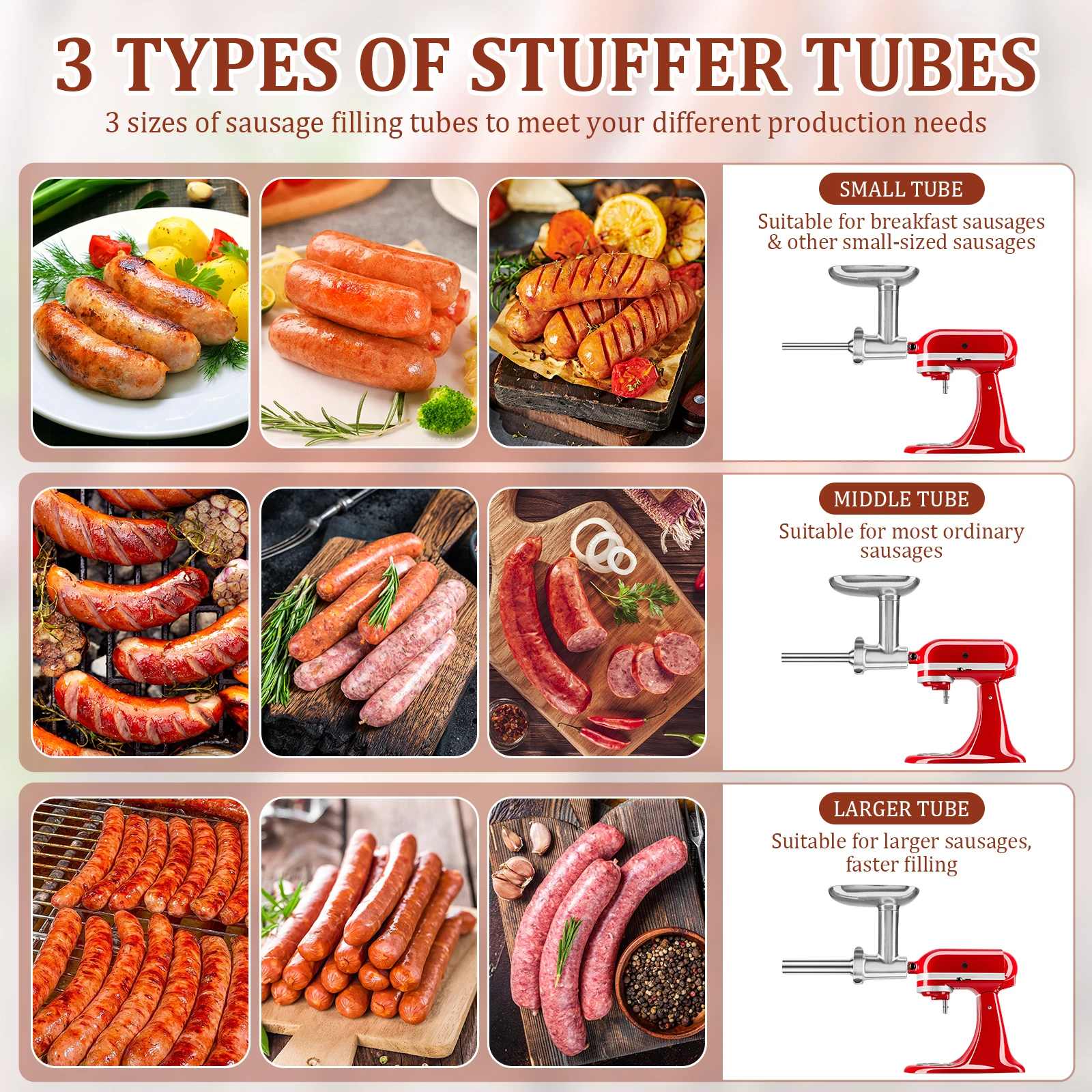 Lot de 3 tubes à saucisses en acier inoxydable avec support de fixation