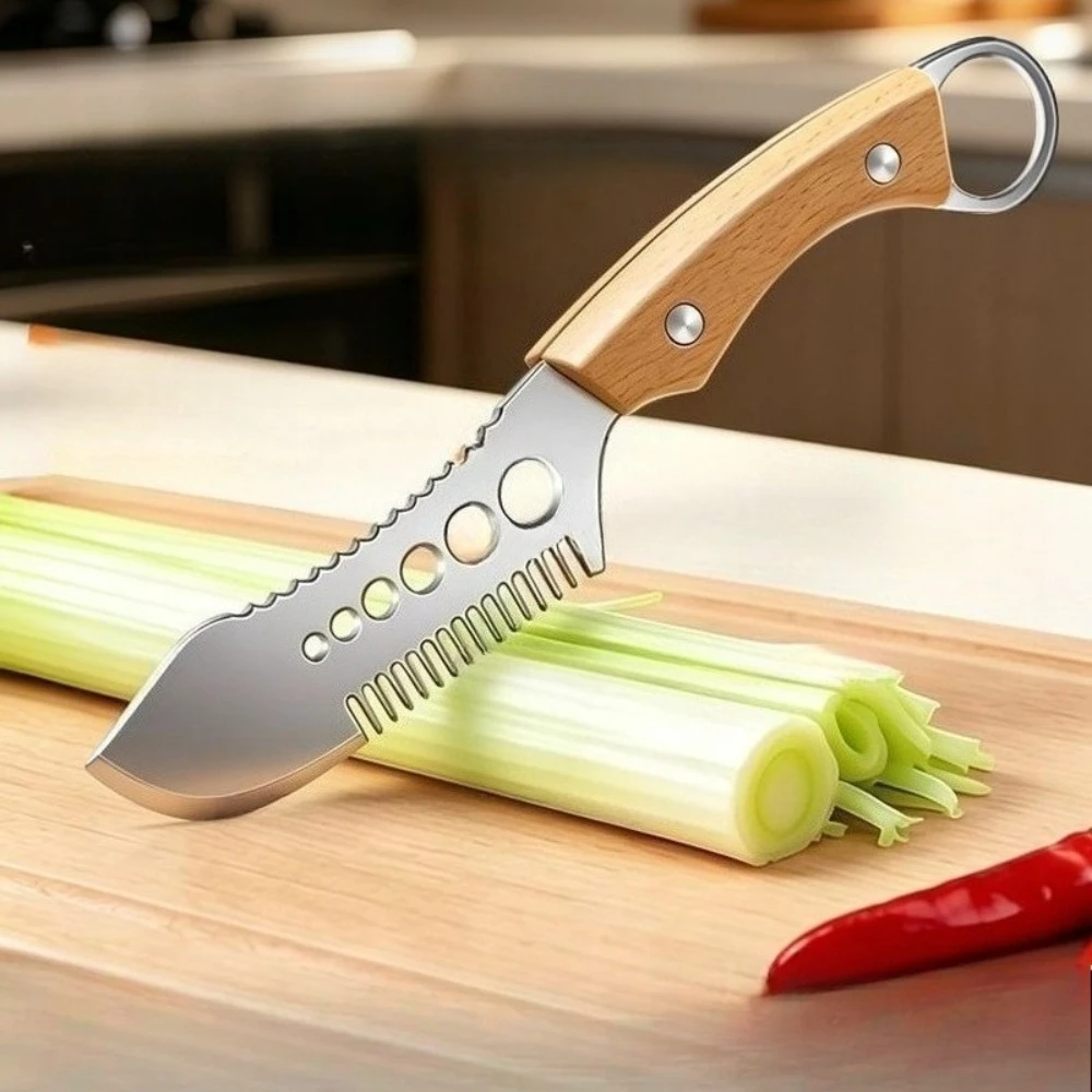 Nouveau Hachoir 3-en-1 en Acier Inoxydable pour Ciboulette et Herbes Aromatiques avec Manche en Bois