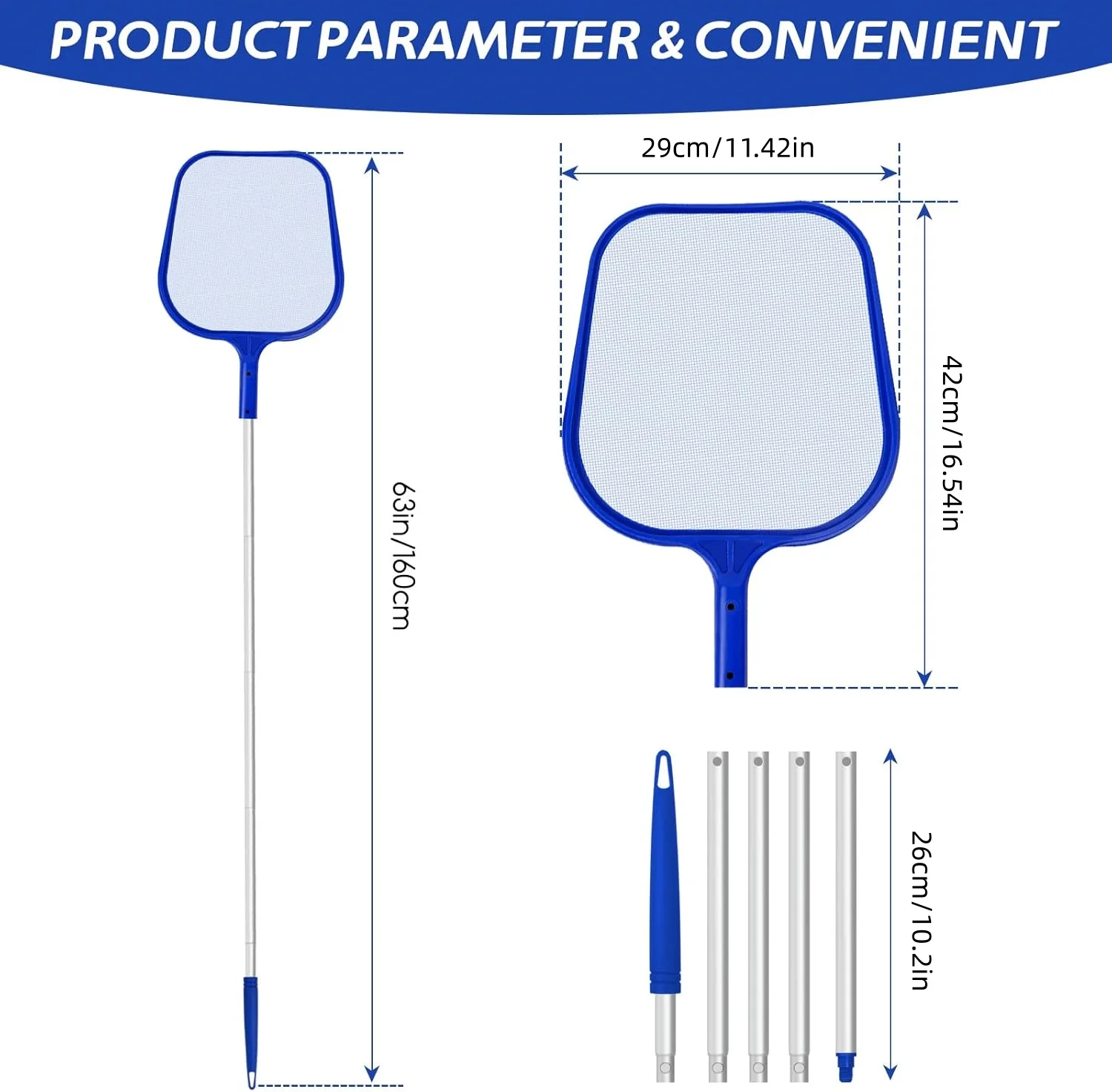 Épuisette de piscine, perche télescopique en aluminium réglable en 5 sections, filet de nettoyage pour bassin, épuisette à mailles fines