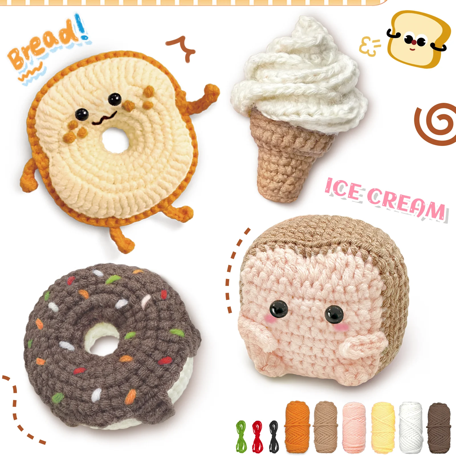 YAMAXIN – Kit de bricolage au Crochet, forme de pain de beignet, crème glacée, Toast, ensemble complet de matériaux avec tutoriel vidéo pour l'artisanat