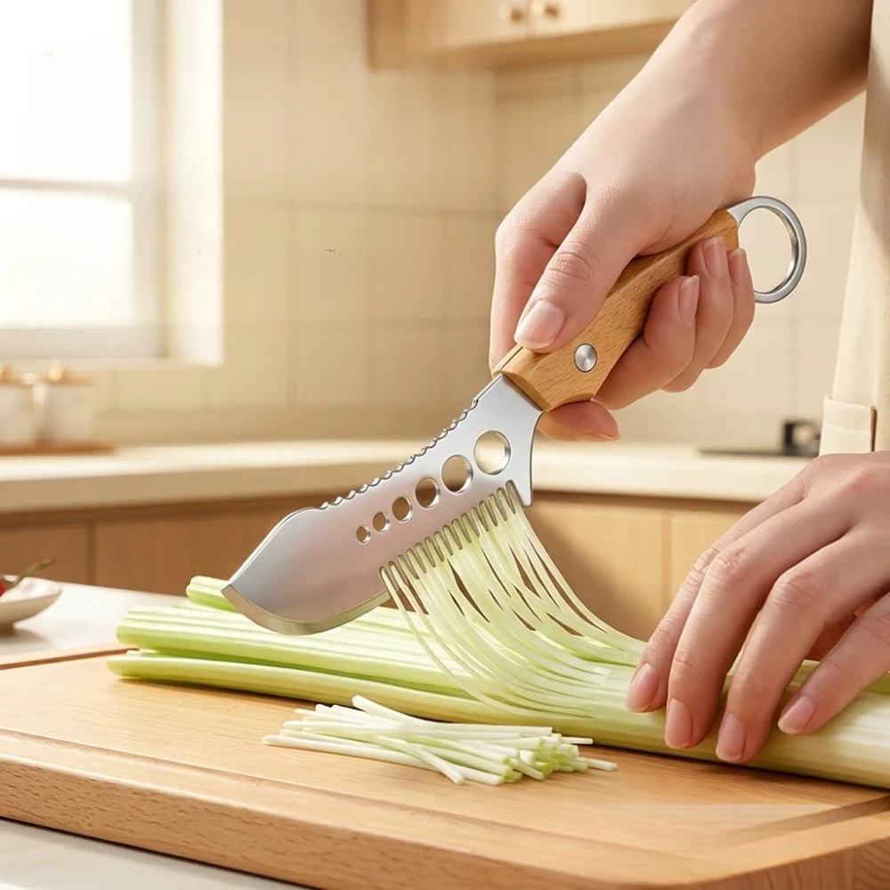 Nouveau Hachoir 3-en-1 en Acier Inoxydable pour Ciboulette et Herbes Aromatiques avec Manche en Bois
